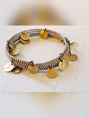 Gold Disc Charm Beaded Wrap Bracelet - Brass & Silver Tones
